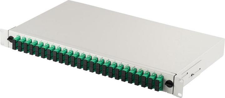 Actual product image NoName Fibre optic patch panel with 19" 1U equipment 24x SC APC dx OS2 pigtails adapter trays grey