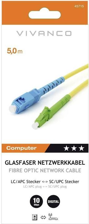 Actual product image Vivanco Fibre optic network cable, LC/APC connector <> SC/UPC connector, 10Gbit/s, 5m, yellow (UTP, CAT6, 5 m)