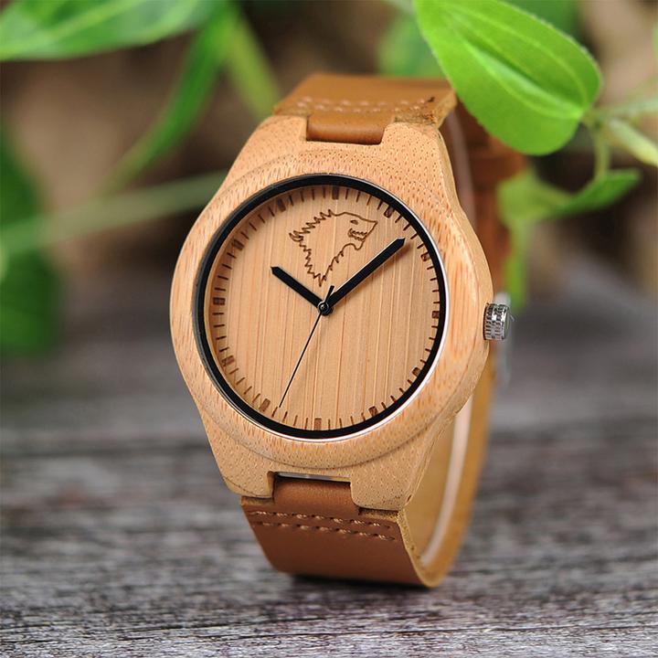 Immagine prodotto Natura Punto Orologio Aparte in bambù con animale selvatico stilizzato, cinturino in pelle