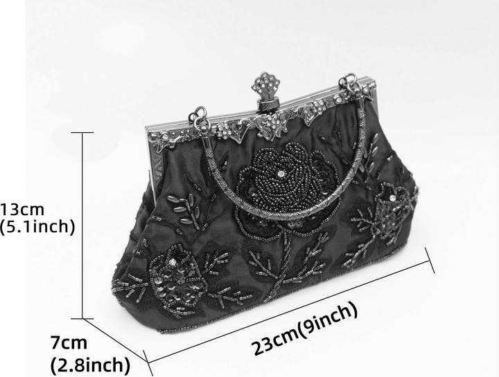 Image du produit Only-Bags.Store Sac de soirée en broderie florale perlée, sacs à main de mariage en satin vintage, pochette clip à