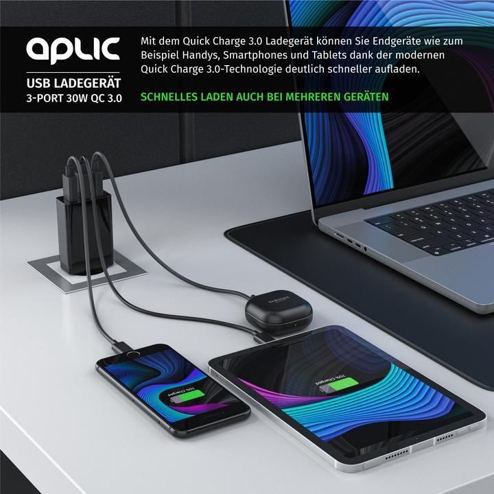 Image du produit Aplic Chargeur USB 3000 mA, 3 ports d'alimentation, Quick Charge 3.0, 2x port USB + 1x port QC 3.0, noir