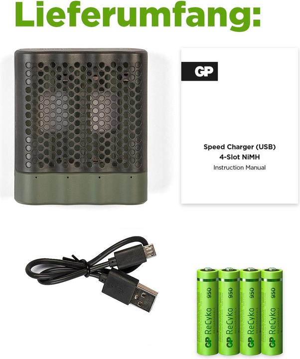 Image du produit GP Batteries ReCyko M451/100 4-Port USB Ladegerät inkl.4xAAA NiMh 950mAh (5 pcs, AAA, 950 mAh, Piles rechargeables + chargeur)