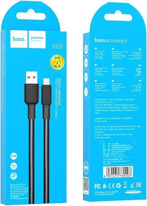 Immagine prodotto Partner Telecom Hoco - Data Cable Jaeger (X69) - USB-A to Lightning, 12W, 2.4A, 1.0m - Black / White (1 m, USB 3.0)
