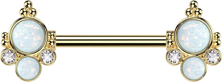 Produktbild Star Piercing Barbell vergoldet mit zwei zwei Opale weiss zwei Kristalle silber (Messing, Chirurgenstahl 316L)