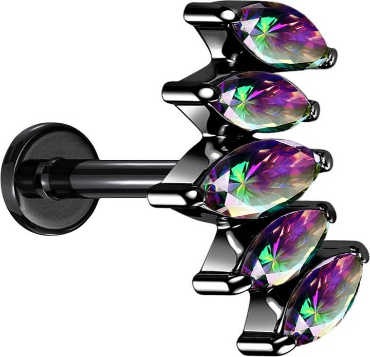 Star Piercing Micro Labret Innengewinde schwarz Fächer mit Kristalle dunkel multicolor (ohne Messing, Chirurgenstahl 316L)
