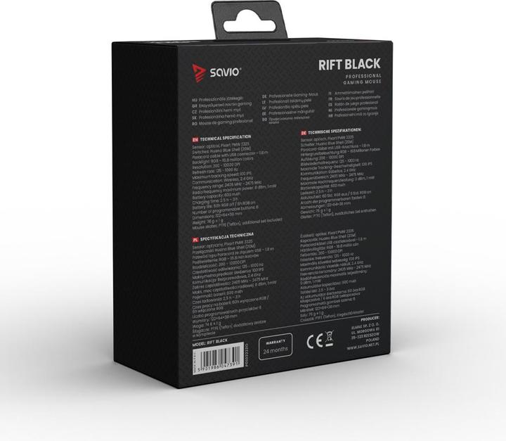 Actual product image Savio RIFT BLACK Gaming Mouse RGB Dual Mode (Cable, Wireless)