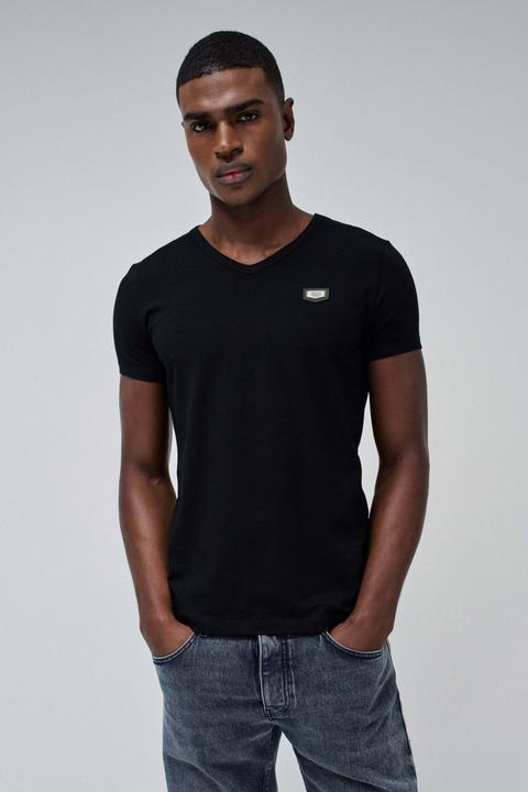 Salsa Jeans T-Shirt Vneck Cotton Lycra T-Shirt Metal Badge