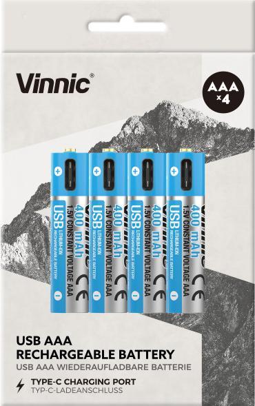 Image du produit Vinnic Rechargeable Battery AA USB-C 400mAh 4pcs incl. Case&Charging Cable (4 pcs, AAA, 400 mAh)