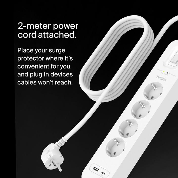Actual product image Belkin Surgemaster surge protection (4 x, USB-A, CEE 7/3, USB-C, 2 m)