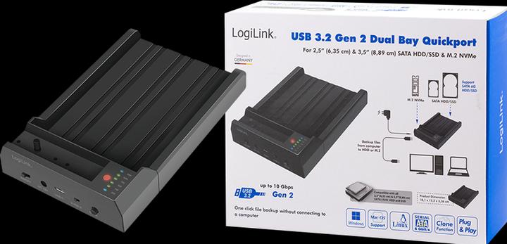 Productafbeelding LogiLink USB 3.2 Gen 2 Quickport, 2-poorts, voor SATA HDD/SSD en M.2 NVMe SSD (2 Havens)