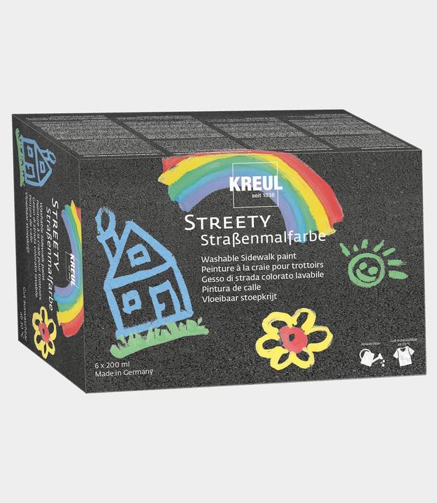 Produktbild Kreul Streety Strassenmalfarbe (Ringelsockenrot, Wolkenweiss, Luftballonlila, Badelatschenblau, Gummientengelb, 6 x)
