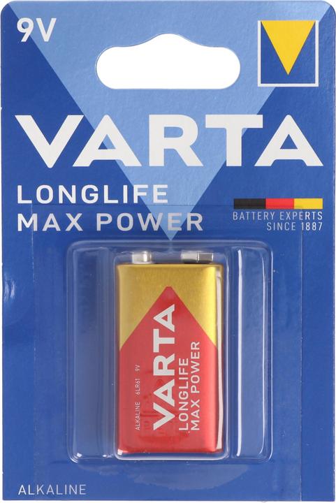 Immagine prodotto Varta 4722 Longlife Max Power 9V-Block, 9V Batterie ideal für Rauchmelder, Rauchwarnmelder (1 pz., 9V Block, 580 mAh)