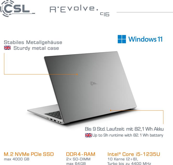 Actual product image CSL Notebook R'Evolve C16 / 64GB / 500GB / Windows 11 Pro (16", Intel Core i5-1235U, 64 GB, 500 GB, DE)