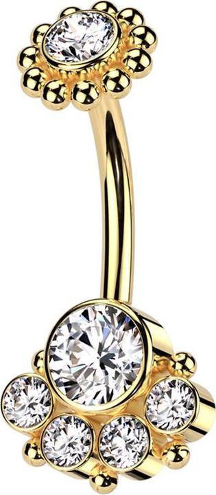 Produktbild Hollywood Body Jewelry Banane Innengewinde vergoldet mit Kugelblume vergoldet Kristall silber und grosser vier kleine Krist (Chirurgenstahl 316L)