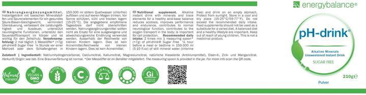 Nutritional values and ingredients Energybalance pH-drink sugar-free Plv (1 Piece, Powder, 210 g)