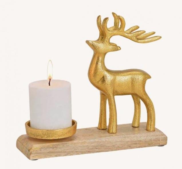 Immagine prodotto CreaDiva Portacandele in metallo con cervo su una base in legno di mango (22 x 22 x 8 cm)