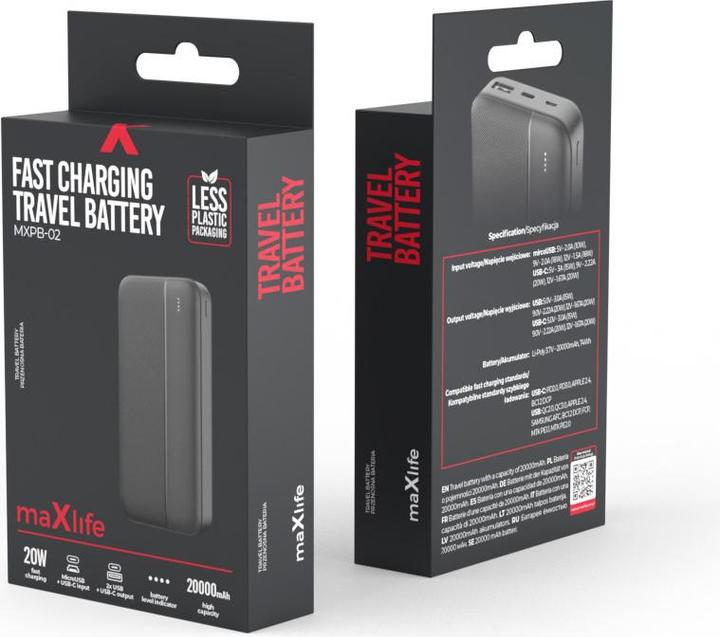 Image du produit Maxlife power bank MXPB-02 PD QC 20W 20000 mAh noir (20000 mAh, 20 W)