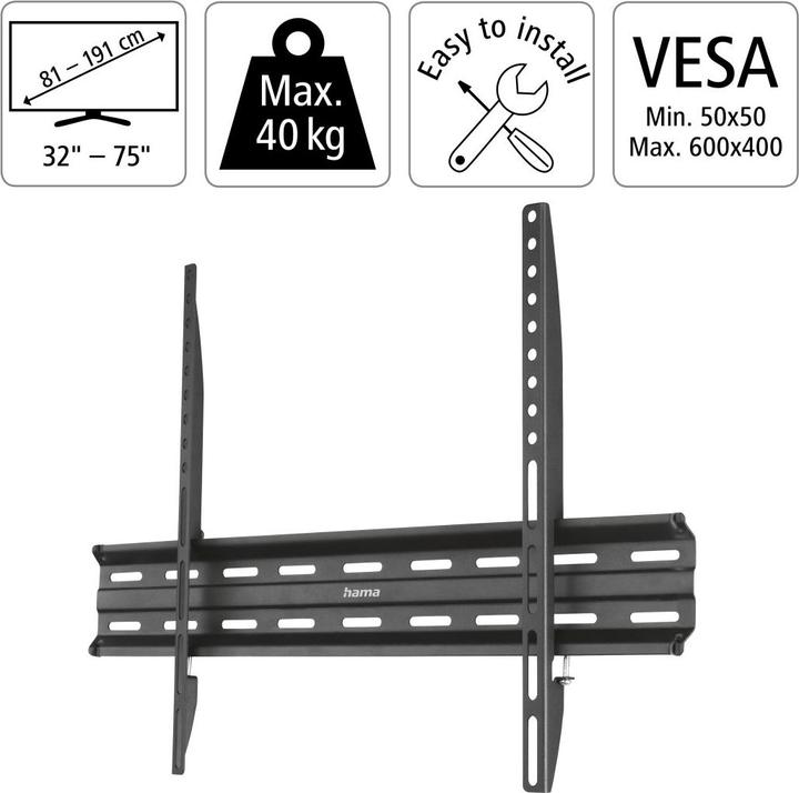 Actual product image Hama TV wall bracket, rigid, 191 cm (75") up to 40 kg, wall distance 2.3 cm (Wall, 75", 40 kg)