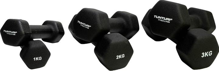 Actual product image Tunturi Neopren Kurzhantelset mit Ständer (2 x 1 kg, 2 x 2 kg, 2 x 3 kg)