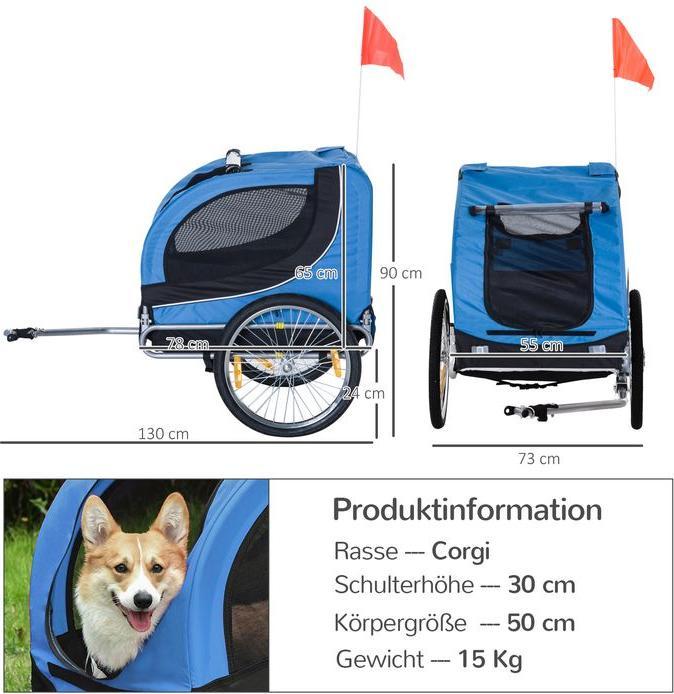 Produktbild Swisshandel24 Hundeanhänger Fahrradanhänger Hundetransporter Hunde Fahrrad Anhänger Blau+Schwarz 130 x 73 x 90 cm