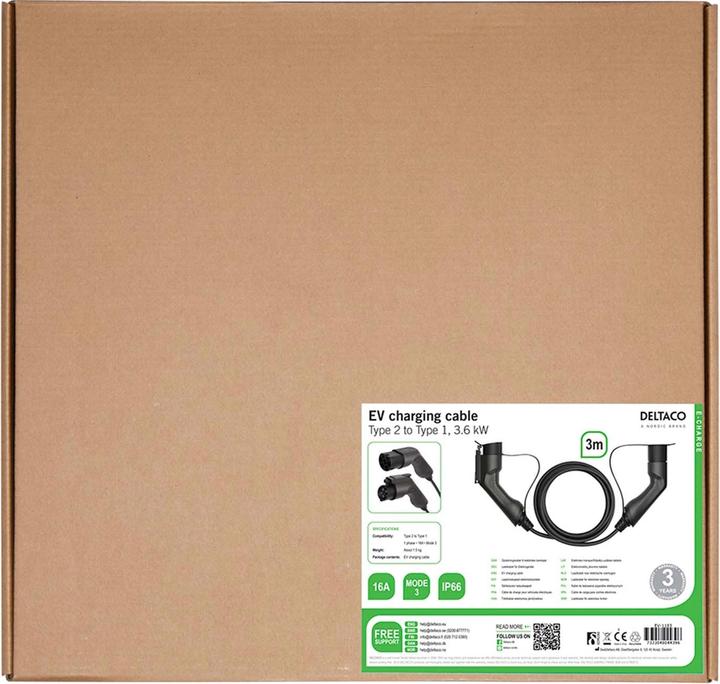 Actual product image Deltaco Typ 2 auf Typ 1 Kabel (Type 1, 3.60 kW, 16 A, 3 m)
