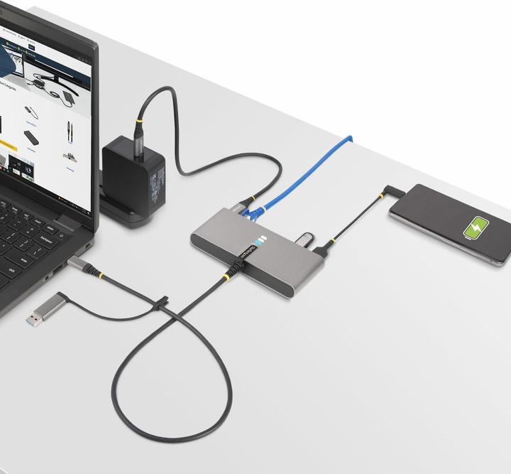 Actual product image StarTech com 2-Port USB-C Hub with Ethernet and RS-232, Attached USB-C to USB-A Dongle, 100W PD Pass (USB-C, 2 Ports)