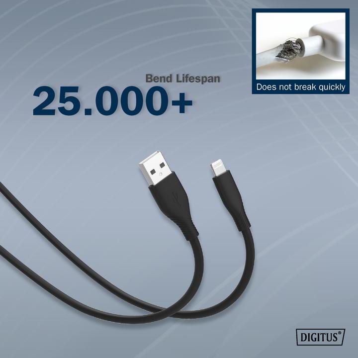 Produktbild Digitus Lightning Silikon Anschlusskabel, USB-A - Lightning 0,5m, schwarz (0.50 m, USB 2.0)
