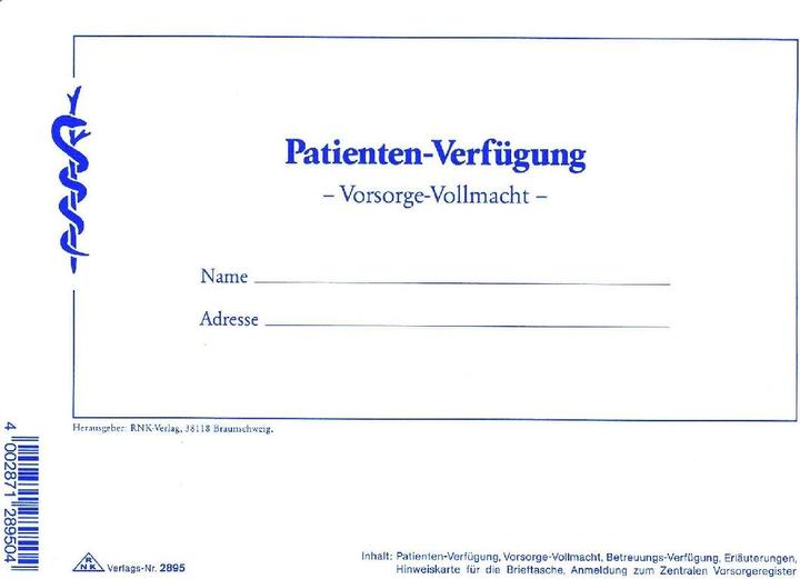 Nährwerte und Zutaten Rnk Verlag Patientenverfügung Formulare 2895 (10 x)