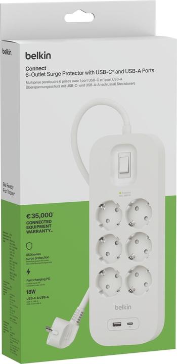 Produktbild Belkin Steckdosenleiste 6-fach + USB-A+C,650J,18W,2m SRB002vf2MV2 (6 x, USB-C, USB-A, 2 m)