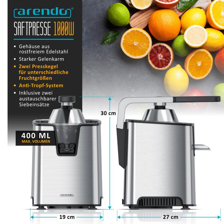 Produktbild Arendo Automatische Edelstahl Zitruspresse, Hebelarm, BPA-frei Orangenpresse Limettenpresse Entsafter 1000W