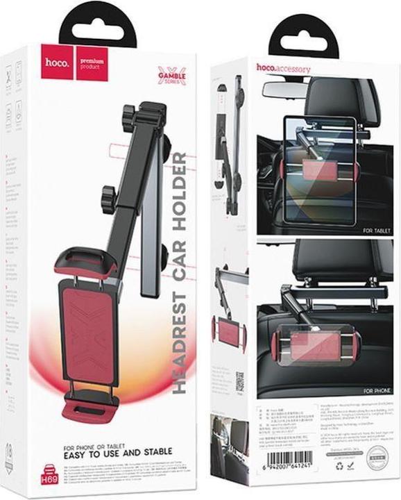 Image du produit Hoco Auto holder telescopic car holder for headrest (4,5" - 13") H69 black and red