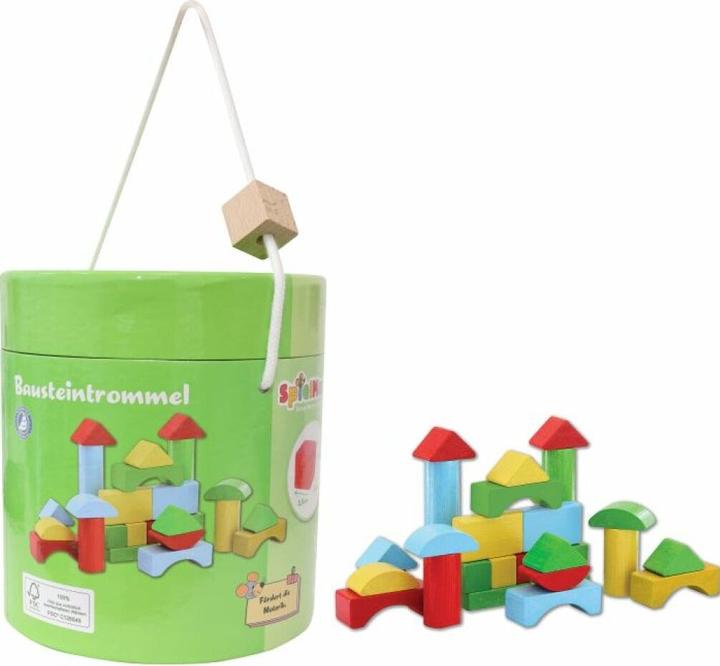 Actual product image Spielmaus PlayMouse wooden building blocks in drum