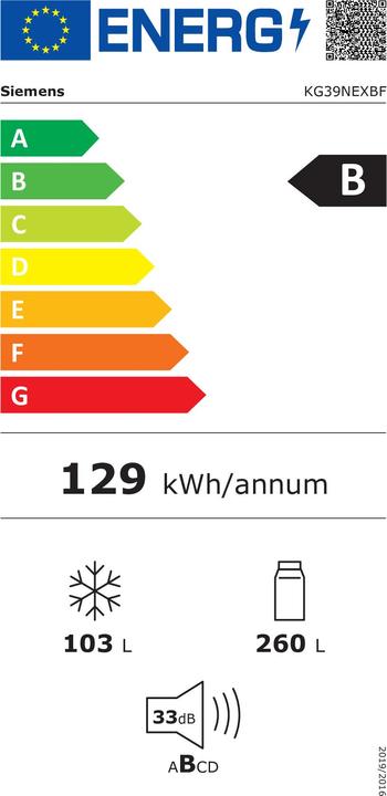 Energy Label Siemens Fridge/freezer combination KG39NEXBF (363 l)
