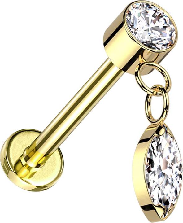Hollywood Body Jewelry Micro Labret Innengewinde vergoldet Zylinder vergoldet Kristalle silber Anhänger Ovaler Kristall sil (Titan G23, ohne Messing)