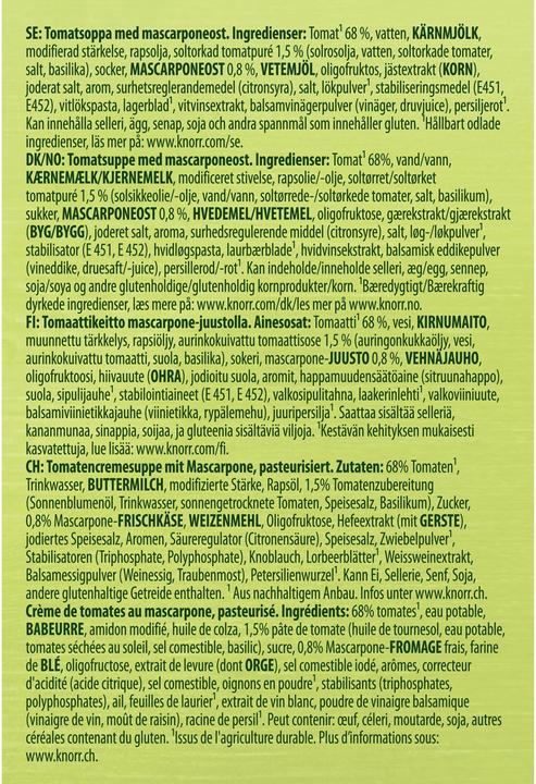 Valeurs nutritives et ingrédients Knorr Velouté de tomates au mascarpone (570 ml)