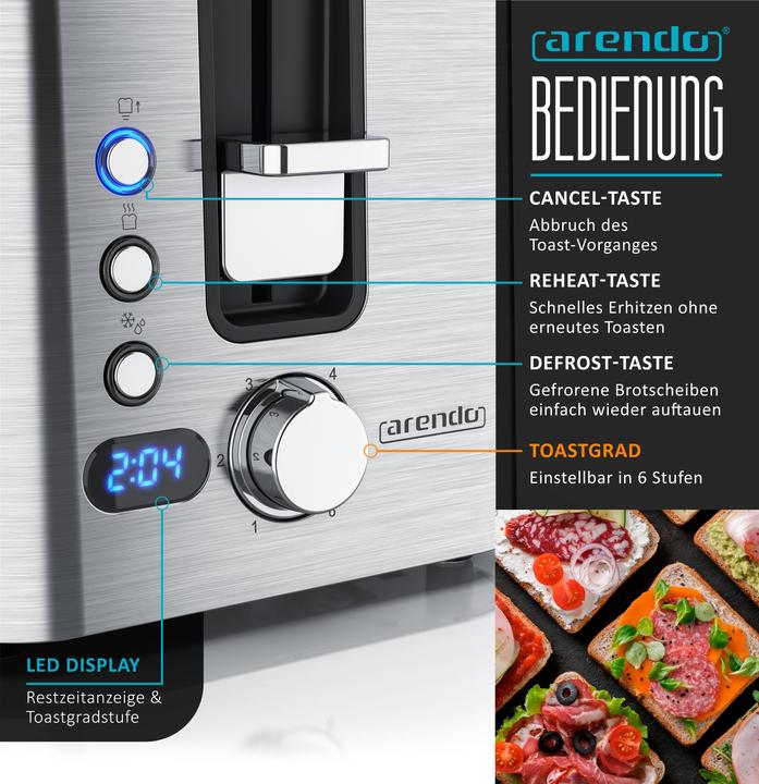 Actual product image Arendo Toaster long slot, stainless steel, display with remaining time indicator