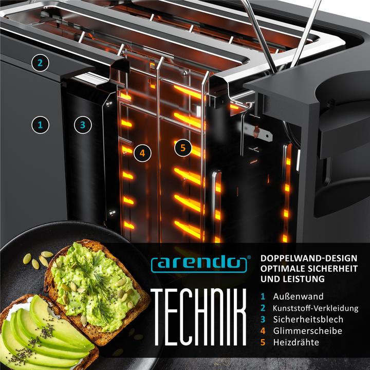 Actual product image Arendo Toaster stainless steel 2 slices short slot, double wall, bread roll attachment, display with
