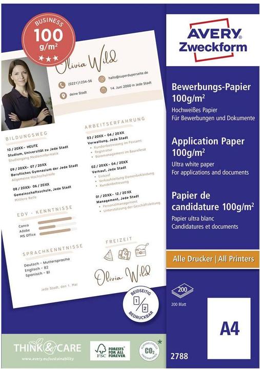 Produktbild Avery Inkjet-Bewerbungspapier, 200 Blatt (100 g/m², 200 x, A4)