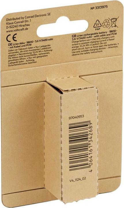 Immagine prodotto Voltcraft VC-18650PCM Spezial-Akku 18650 Kabel Lithium 3.6 V 3400 mAh (1 pz., 18650, 3400 mAh)