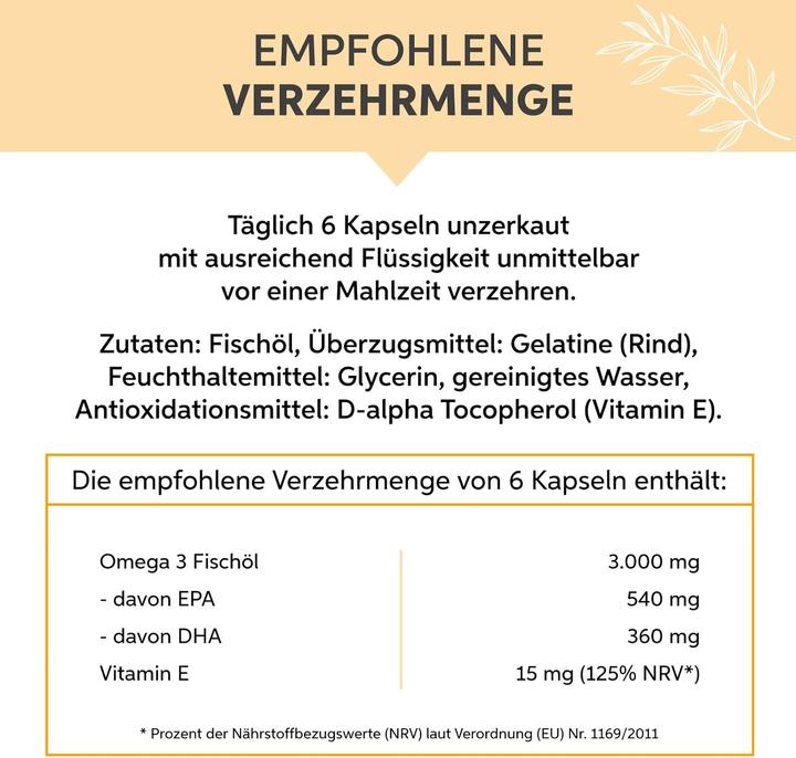 Nutritional values and ingredients Eltabia Omega 3 capsules 500mg fish oil highly dosed 3000mg daily dose with 18% EPA & 12% DHA (200 Piece, Capsules)