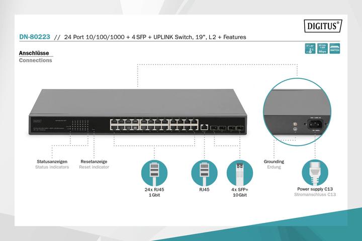 Produktbild Digitus 24 Port 10/100/1000 + 4SFP+ UPLINK Switch, 19", L2+ Features (24 Ports)