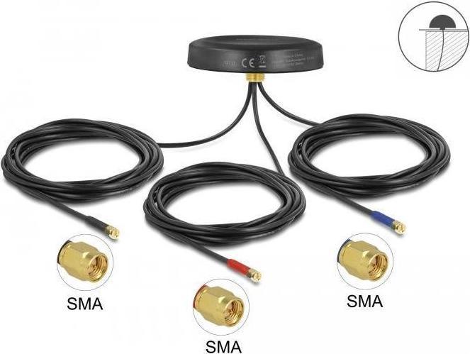 Produktbild Delock Multiband LTE UMTS GSM GNSS Antenne 3 x SMA Stecker omnidirektional Dachmontage schwarz outdoor (GSM)