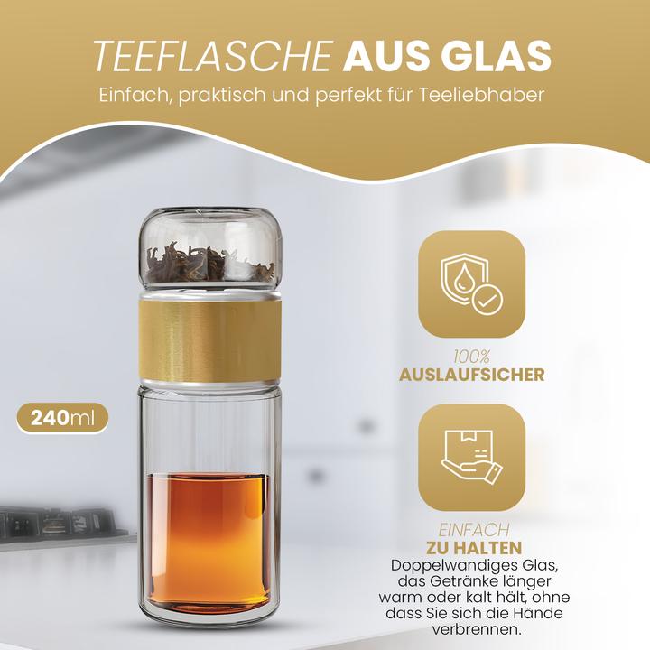 Actual product image Gewürzladen Näfels Rotatable tea bottle made of heat-resistant glass with tea filter - to go (0.24 l)