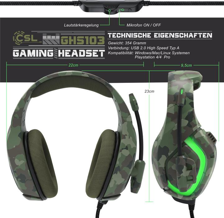 Immagine prodotto CSL Cuffie da gioco, USB "GHS-103" mimetiche con microfono, cuffie over-ear per PC, PS4 / 4 Pro, PS5 (Cablato)