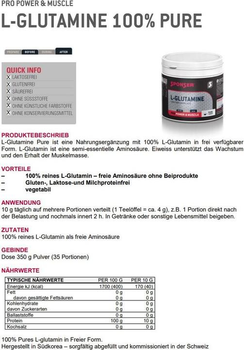 Valeurs nutritives et ingrédients Sponser L-Glutamin (1 pièce(s), Poudre, 350 g)
