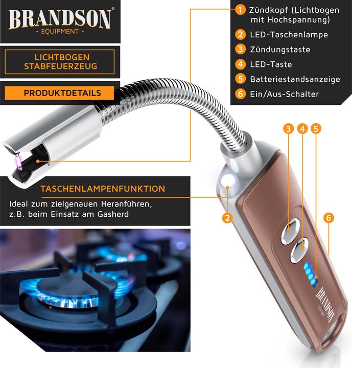 Produktbild Brandson Stabfeuerzeug elektrisch, Lichtbogen Feuerzeug, Kerzenanzünder, USB aufladbar, für Kamin, Grill
