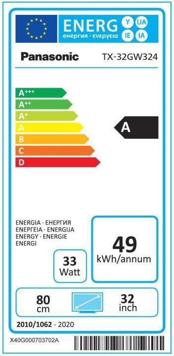 Energie-Label Panasonic VIERA TX -32GW324 - LCD-TV - 81,3cm/32" - Energieeff.klasse: EECL A (32", LCD, WXGA, 2021)