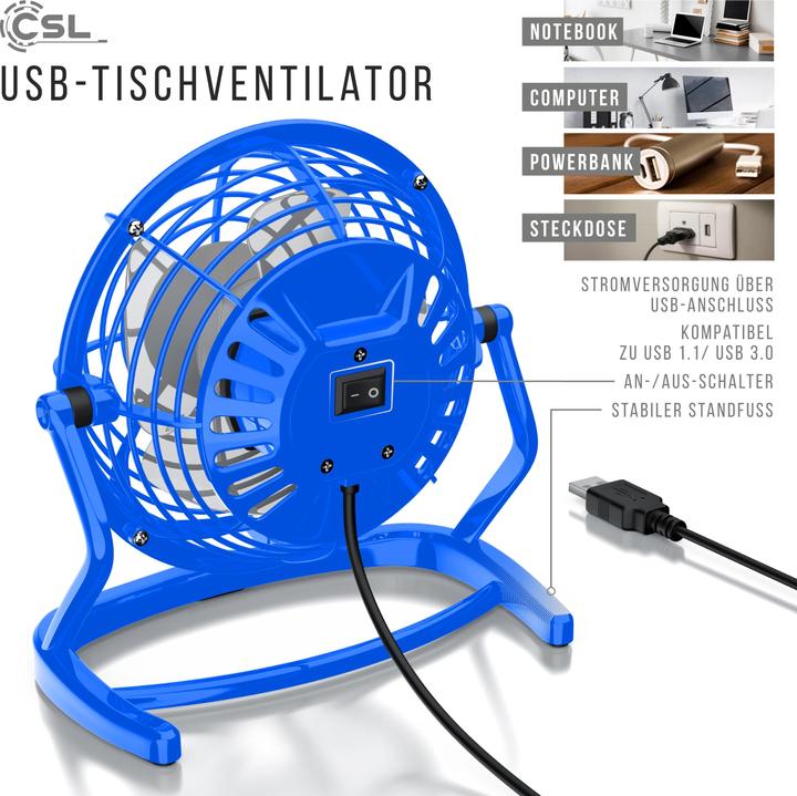 Actual product image CSL Mini USB fan, tiltable table fan, on/off switch, ideal for the desk, blue