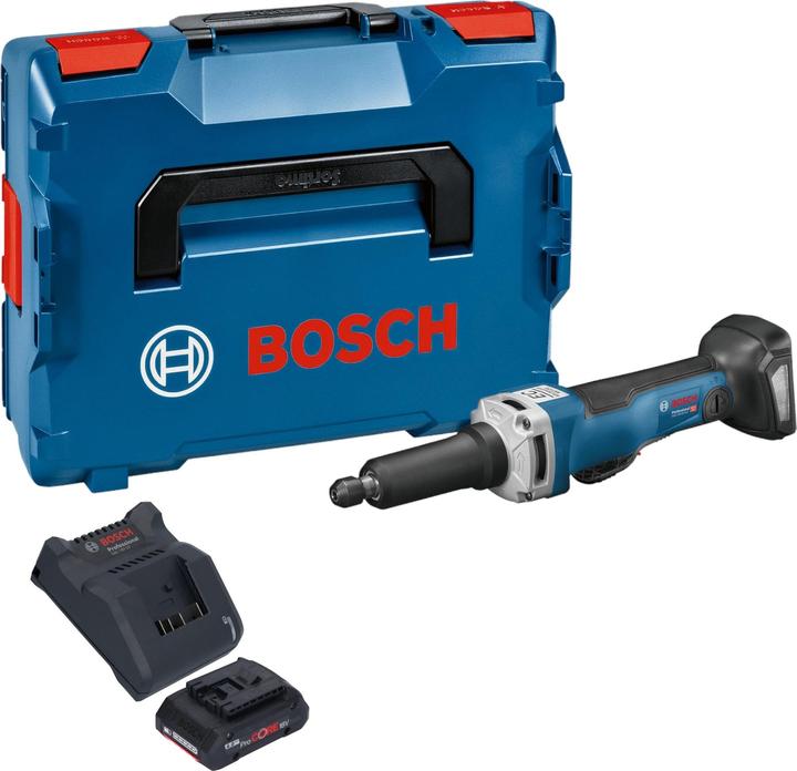 1x Bosch GGS 18V-23 PLC Professional Akku Geradschleifer, 1x Bosch ProCORE 18 V 4,0 Ah Professional Li-Ion Akkupack, 1x Bosch GAL 18V-20 Akku Ladegerät 10,8 - 18 V 2 A, 1x Einmaulschlüssel 19 mm, 1x Einmaulschlüssel 13 mm, 1x Spannzange mit Spannmutter 6 mm