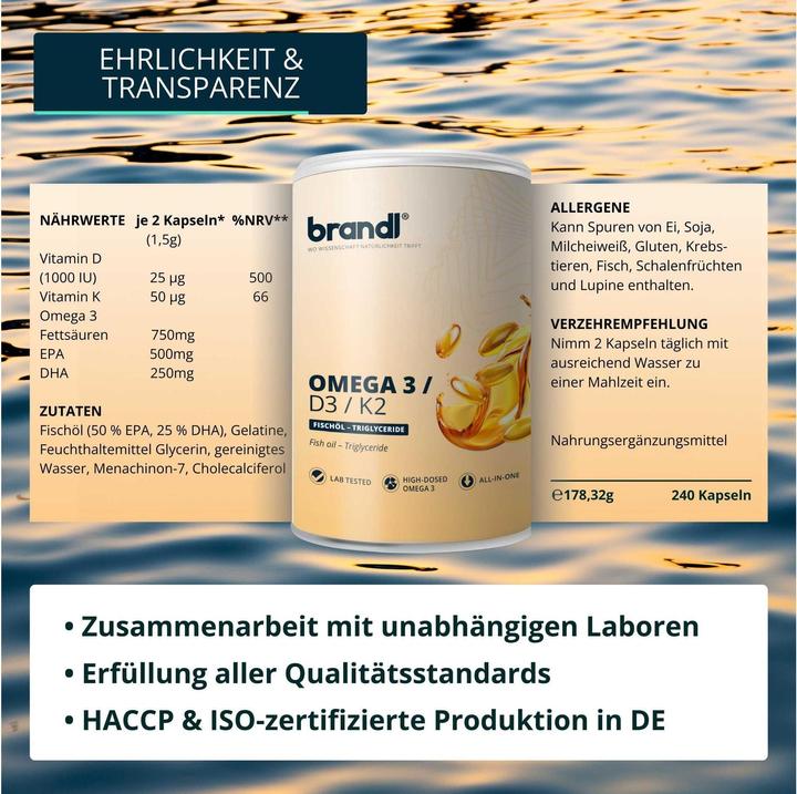 Nährwerte und Zutaten Brandl Omega 3/D3/K2 (1 Stück, Kapseln, 100 g)